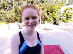 Redhead babe eating black cock outside